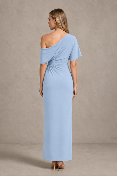 BOLODOO Light Blue One-Shoulder Draped Satin Maxi Dress with Front Slit - Light Blue