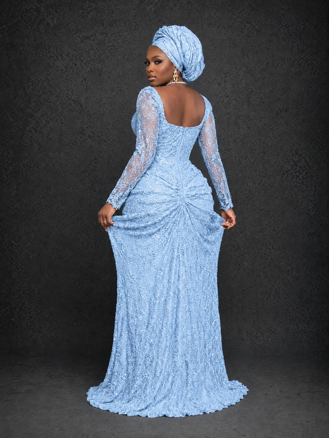 BOLODOO Light Blue Beaded Lace Long Sleeve Mermaid Gown Sweetheart | Mother of the Bride - Light Blue