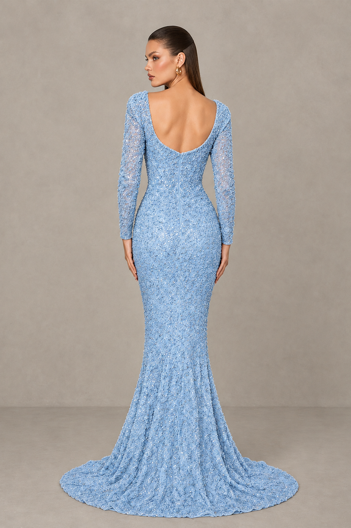 BOLODOO Light Blue Sequin Long Sleeve Evening Gown with High Slit - Light Blue - Light Blue (2)