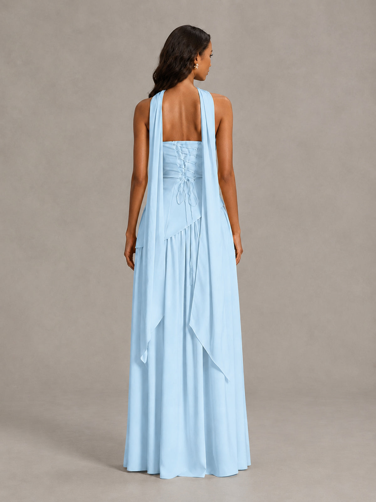 Light Blue Strapless Bridesmaid Dress with Scarf & High Slit - Light Blue - Light Blue (2)