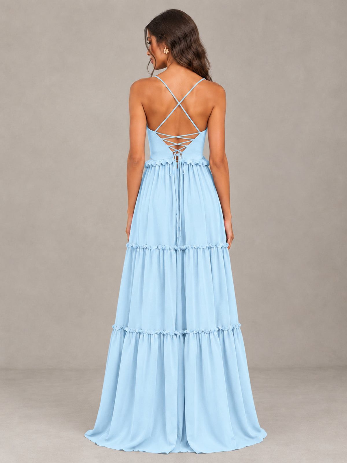 BOLODOO Light Blue Tiered V-Neck Lace-Up Back Bridesmaid Dress - Light Blue - Light Blue (2)