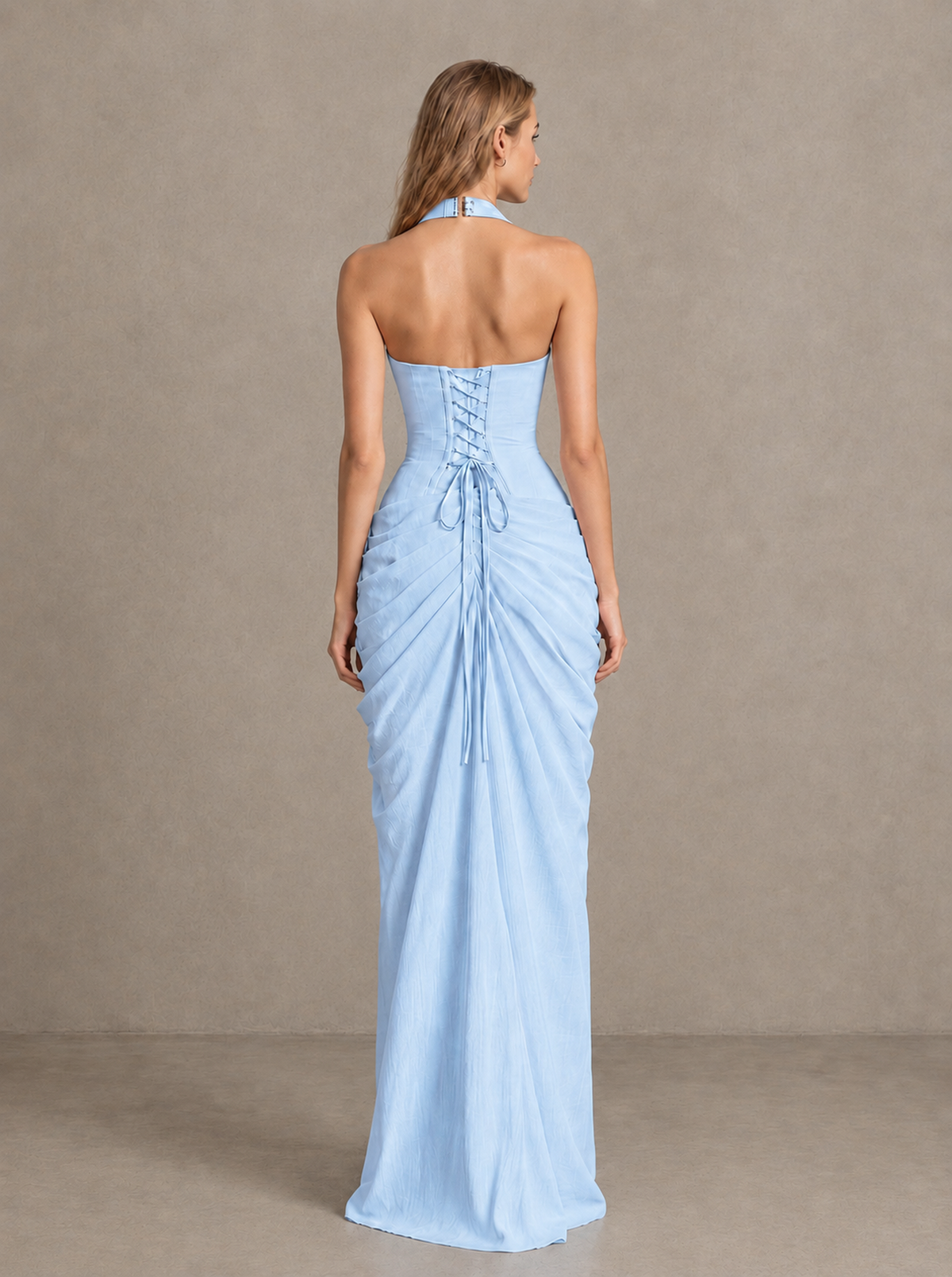BOLODOO Light Blue Halter Neck Ruched Maxi Dress with High Slit - Light Blue