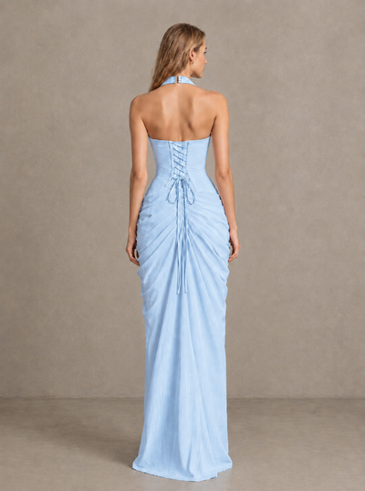BOLODOO Light Blue Halter Neck Ruched Maxi Dress with High Slit - Light Blue