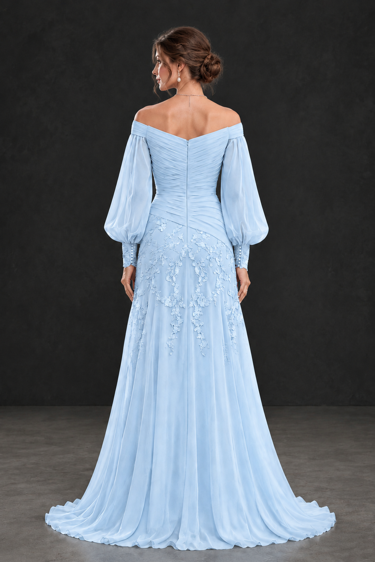 BOLODOO Light Blue Long Sleeve Mother of the Bride Dress with Floral Appliqués - Light Blue - Light Blue (2)