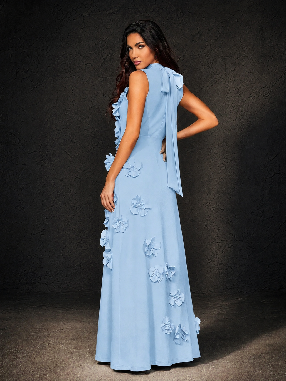 BOLODOO Light Blue Mock Neck Sleeveless 3D Floral Appliqué Maxi Dress with Bow Back - Light Blue