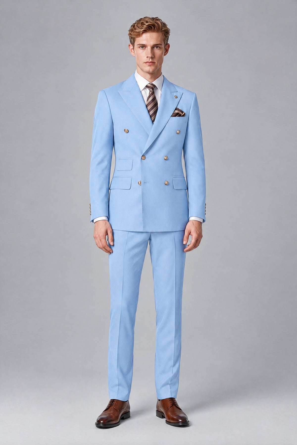 Bolodoo Men's Light Blue Double-Breasted 2-Piece Wedding Suit - Light Blue - Light Blue (2)