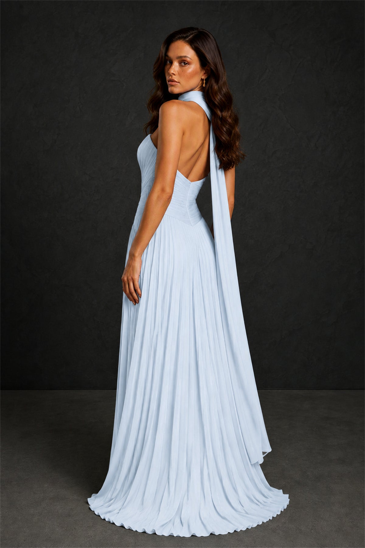 BOLODOO Light Blue Sweetheart Strapless Neck Scarf Pleated Backless A-Line Chiffon Maxi Dress - Light Blue