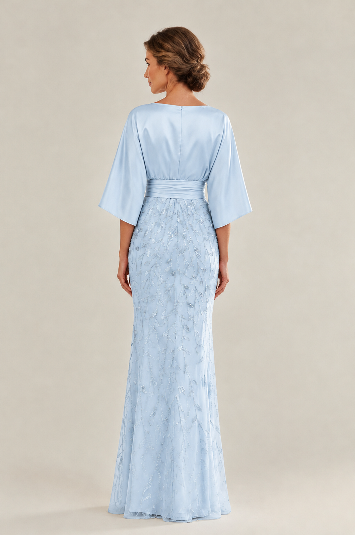 BOLODOO Light Blue Mother of the Bride Dress with Kimono Sleeves, Satin Bodice & Sequin Embroidered Mermaid Floor-Length Gown - Light Blue - Light Blue (2)