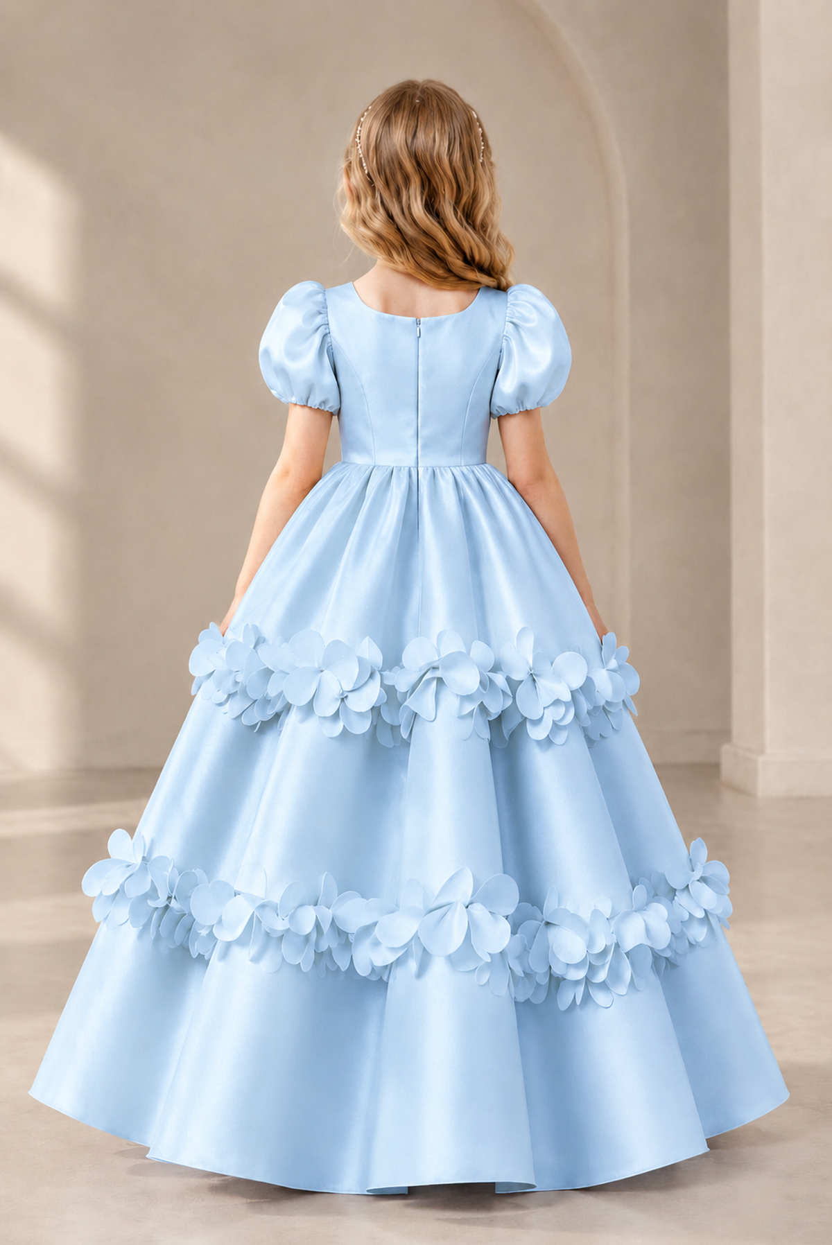 BOLODOO Light Blue Satin Flower Girl Dress with Floral Appliques - Light Blue