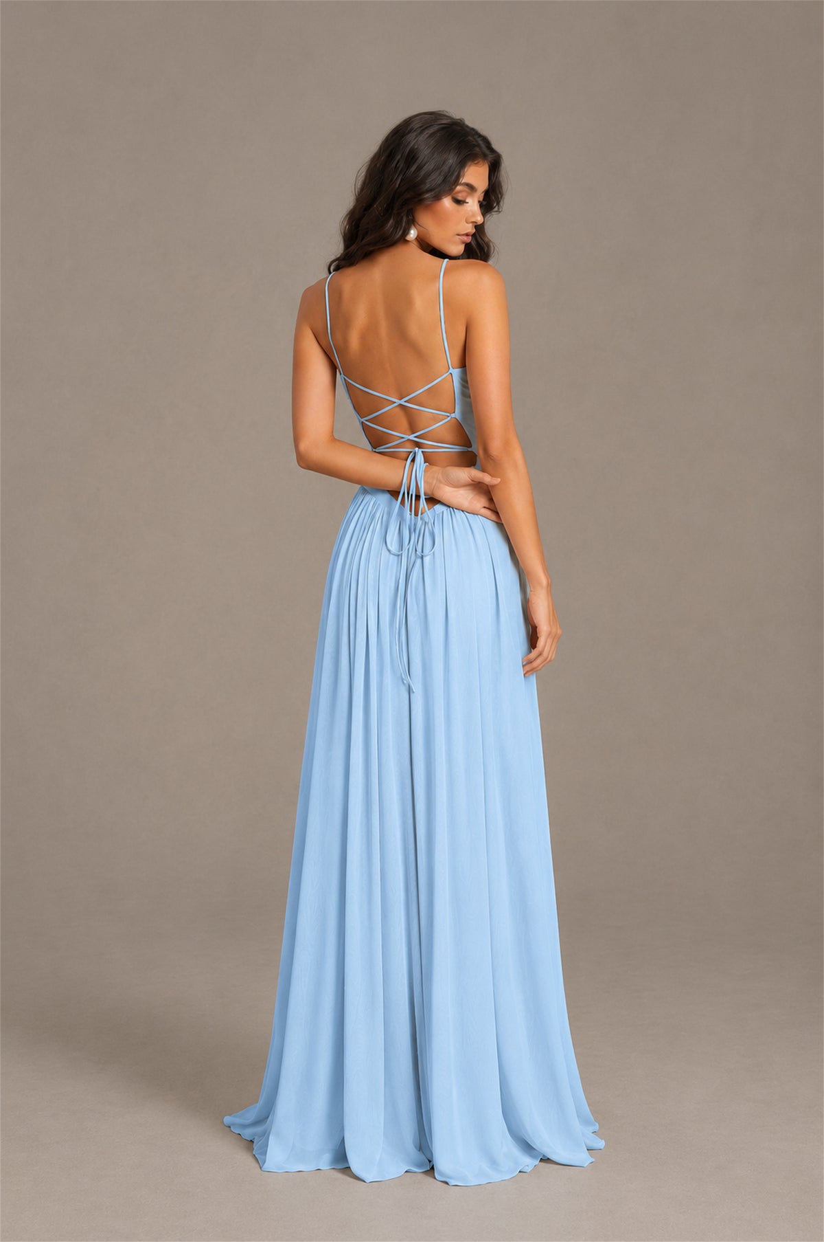 BOLODOO Light Blue Spaghetti Strap Square Neck Ruched Chiffon Maxi Dress with Lace-Up Back - Light Blue