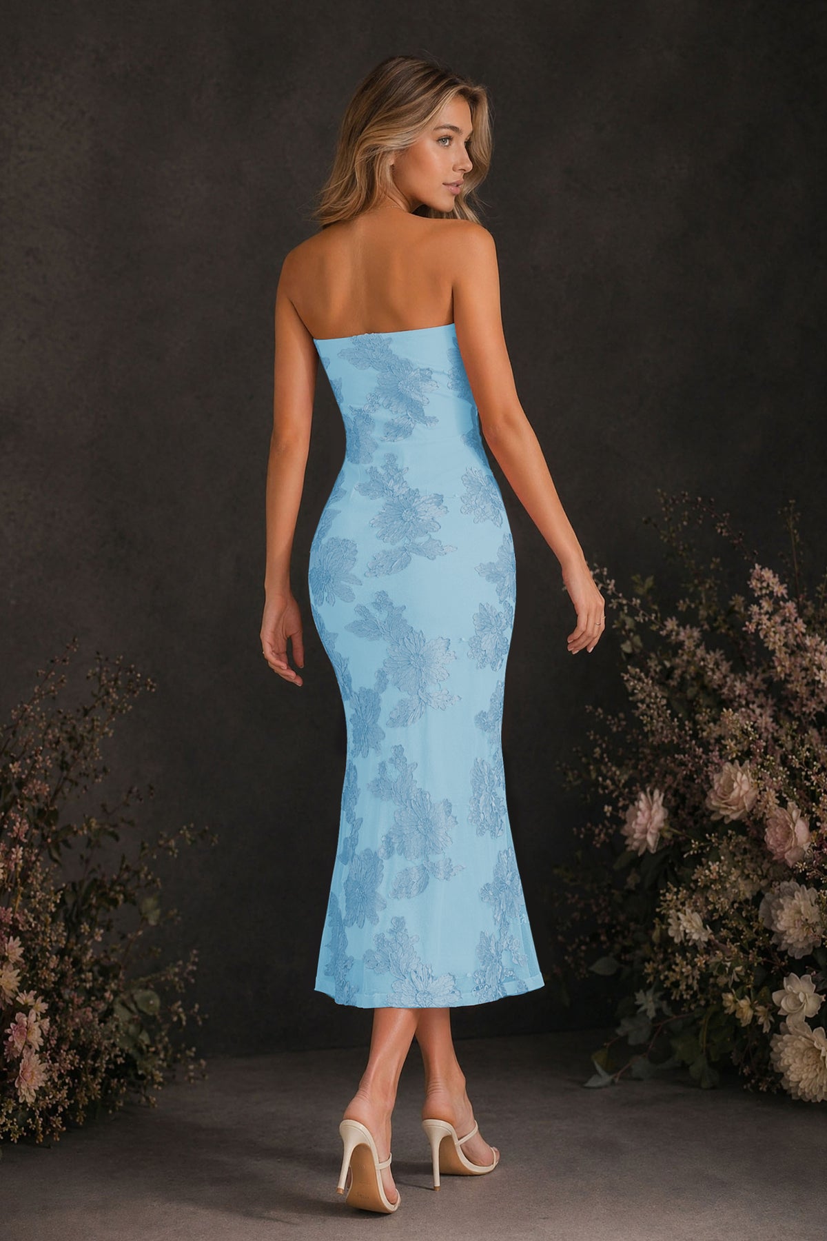 BOLODOO Light Blue Tonal Floral Embroidered Mesh Strapless Open Back Bodycon Midi Tea Length Dress - Light Blue