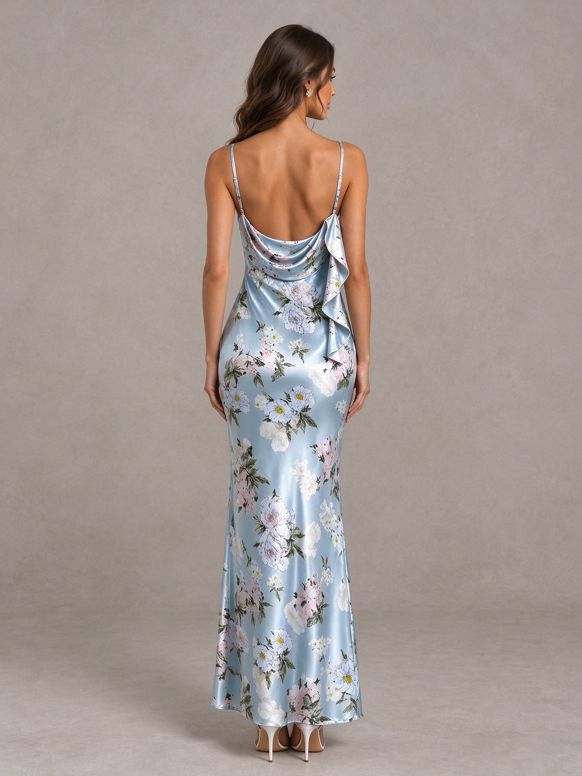 BOLODOO Light Blue Floral Satin Bridesmaid Dress with Cowl Back - Light Blue - Light Blue (2)