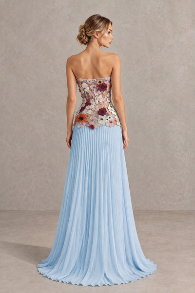 BOLODOO Light Blue Strapless Floral Applique Pleated Evening Dress - Light Blue - Light Blue (2)
