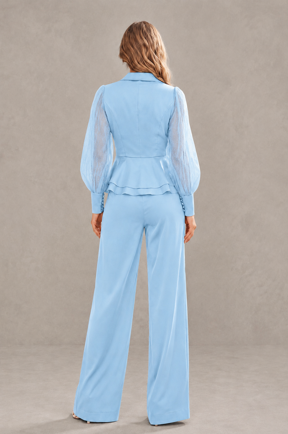 BOLODOO Mint Light Blue Peplum Blazer Wide-Leg Pantsuit with Sheer Puff Sleeves - Light Blue