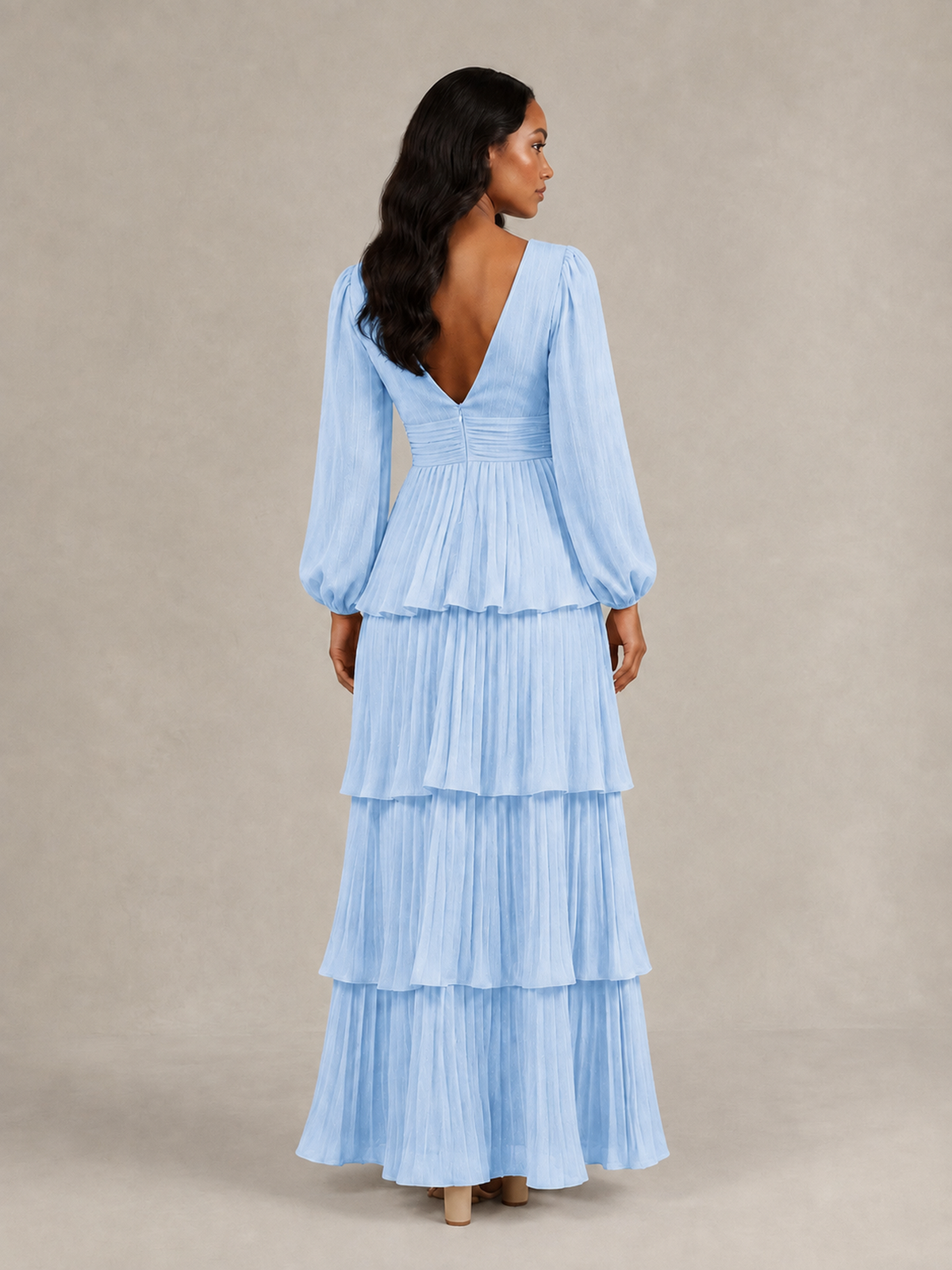 BOLODOO Light Blue Long-Sleeve Tiered Maxi Dress with Deep V-Neck - Light Blue