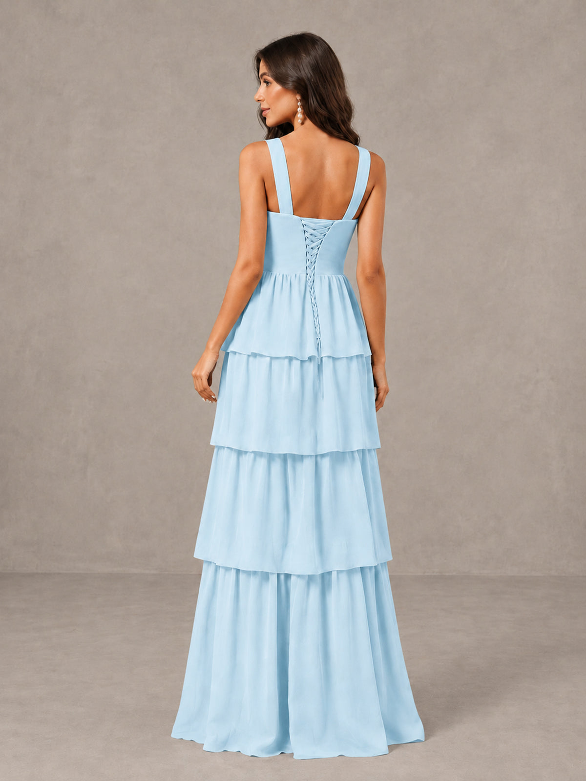 BOLODOO Light Blue Square Neck Tiered Bridesmaid Dress with Slit - Light Blue - Light Blue (2)
