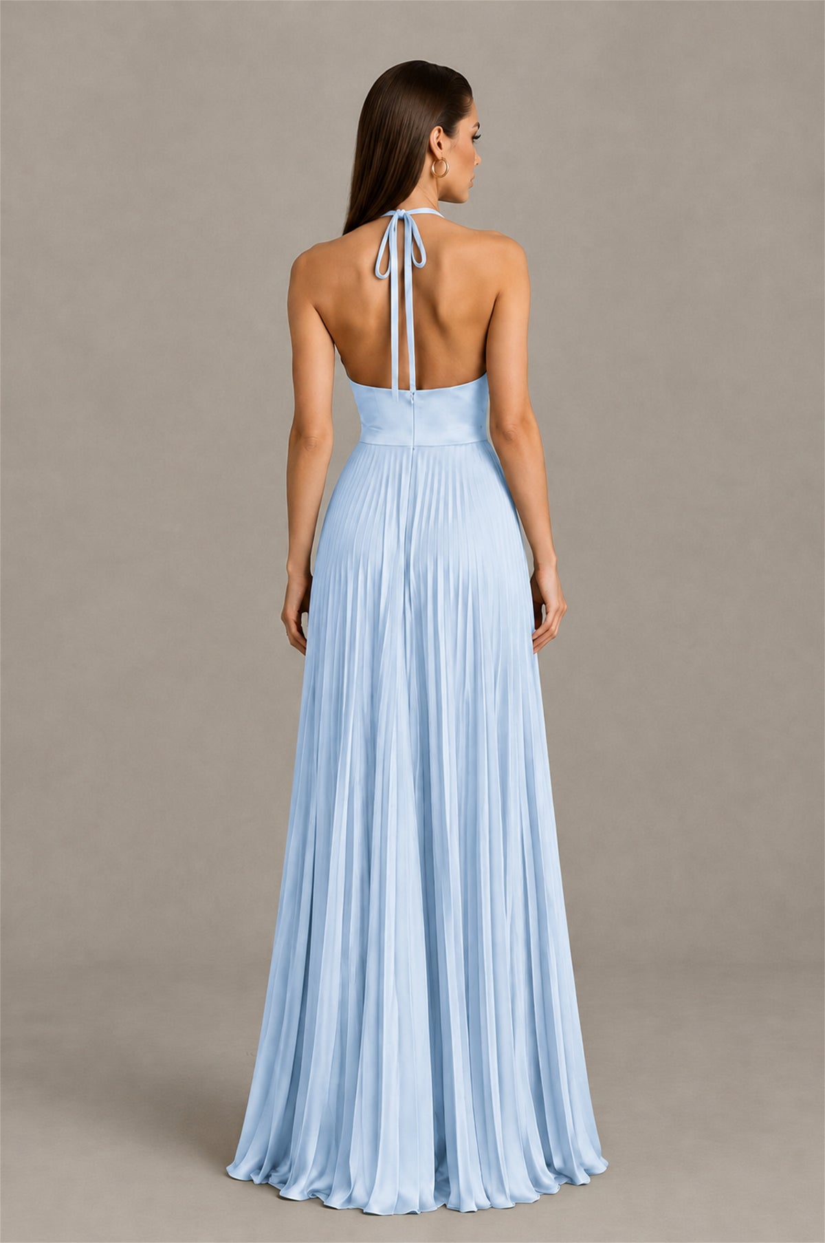 BOLODOO Light Blue Halter Pleated A-Line Evening Dress - Light Blue