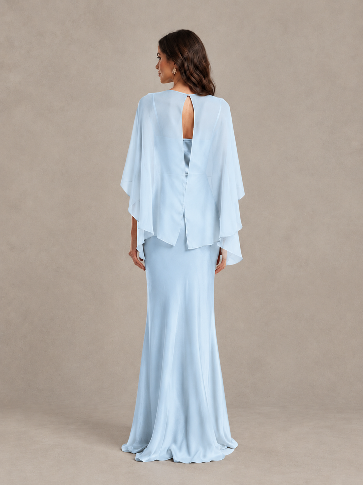 BOLODOO Light Blue Satin Mermaid Bridesmaid Dress with Chiffon Cape - Light Blue - Light Blue (2)