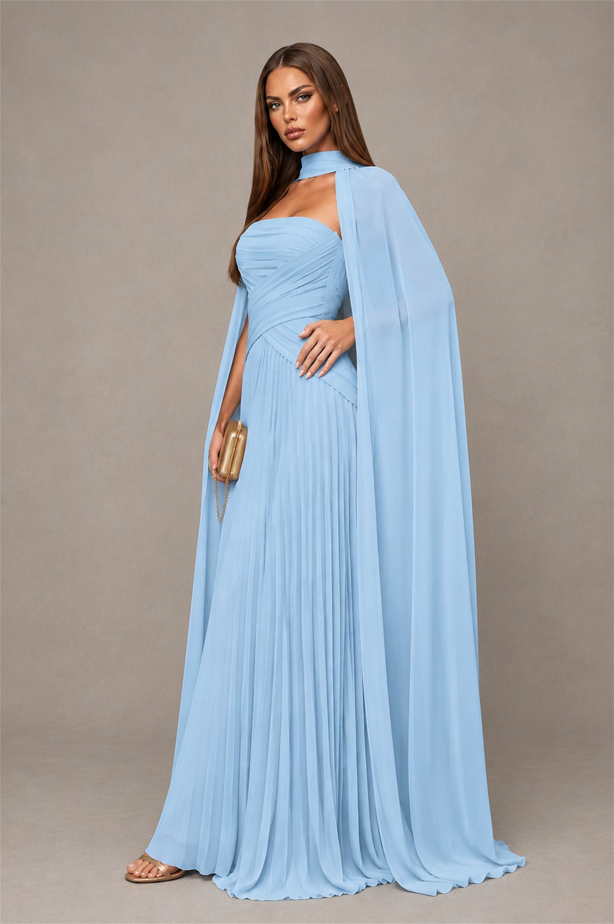 BOLODOO Light Blue Strapless Crossover Ruched Bodice Detached Turtleneck Cape Lace-Up Back Pleated Chiffon Maxi Dress - Light Blue