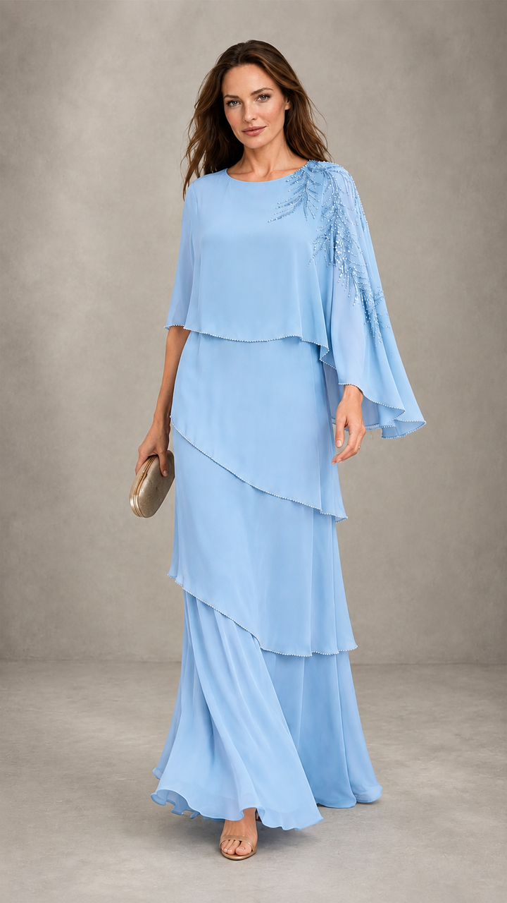 BOLODOO Light Blue Mocha Asymmetric Cape Sleeve Light Blue Sequin Embroidered Pearl Trim Tiered Chiffon Gown - Light Blue