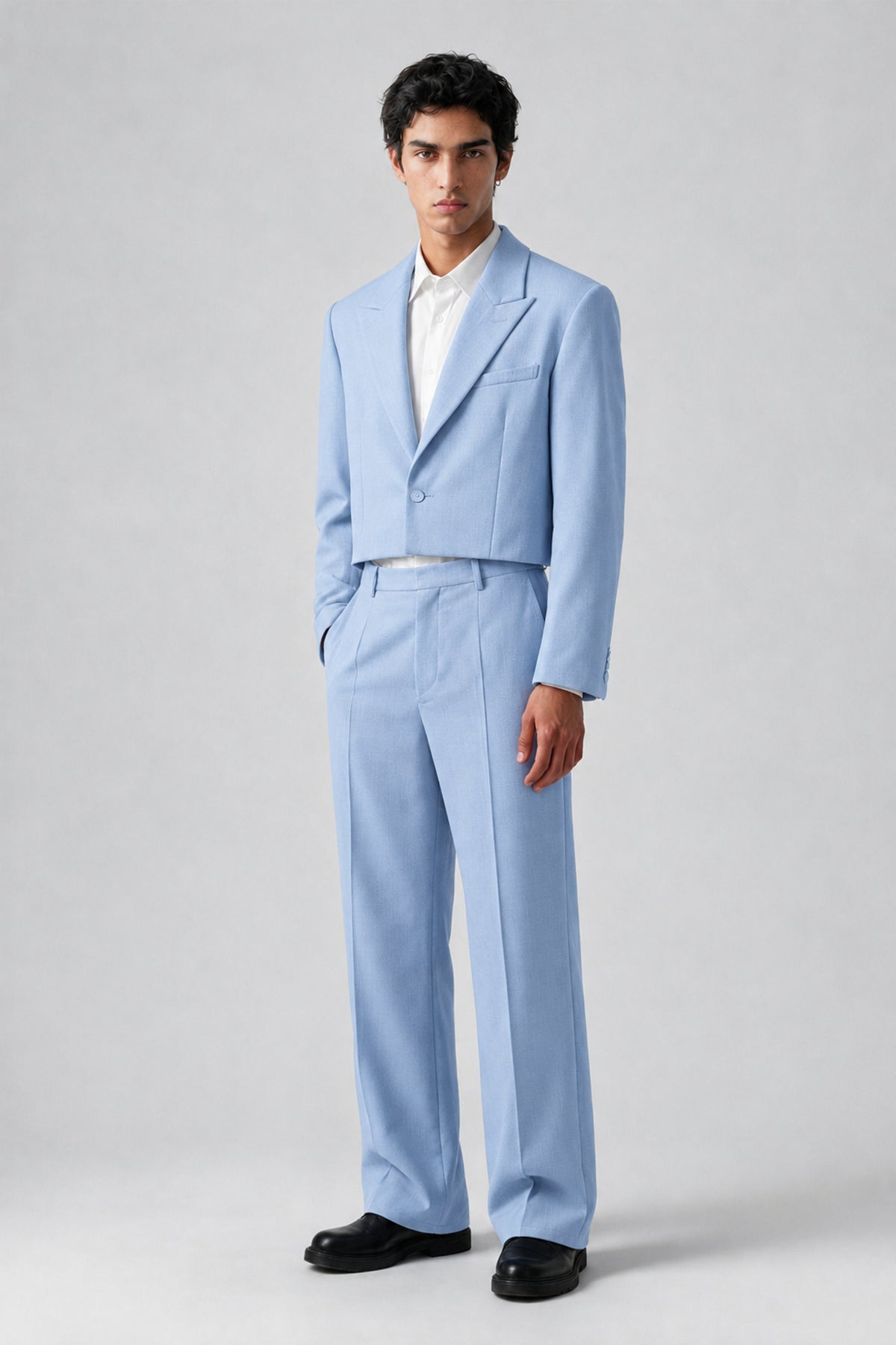 Bolodoo Men's Light Blue Cropped Blazer & Wide-Leg Trousers 2-Piece Suit - Light Blue - Light Blue (3)