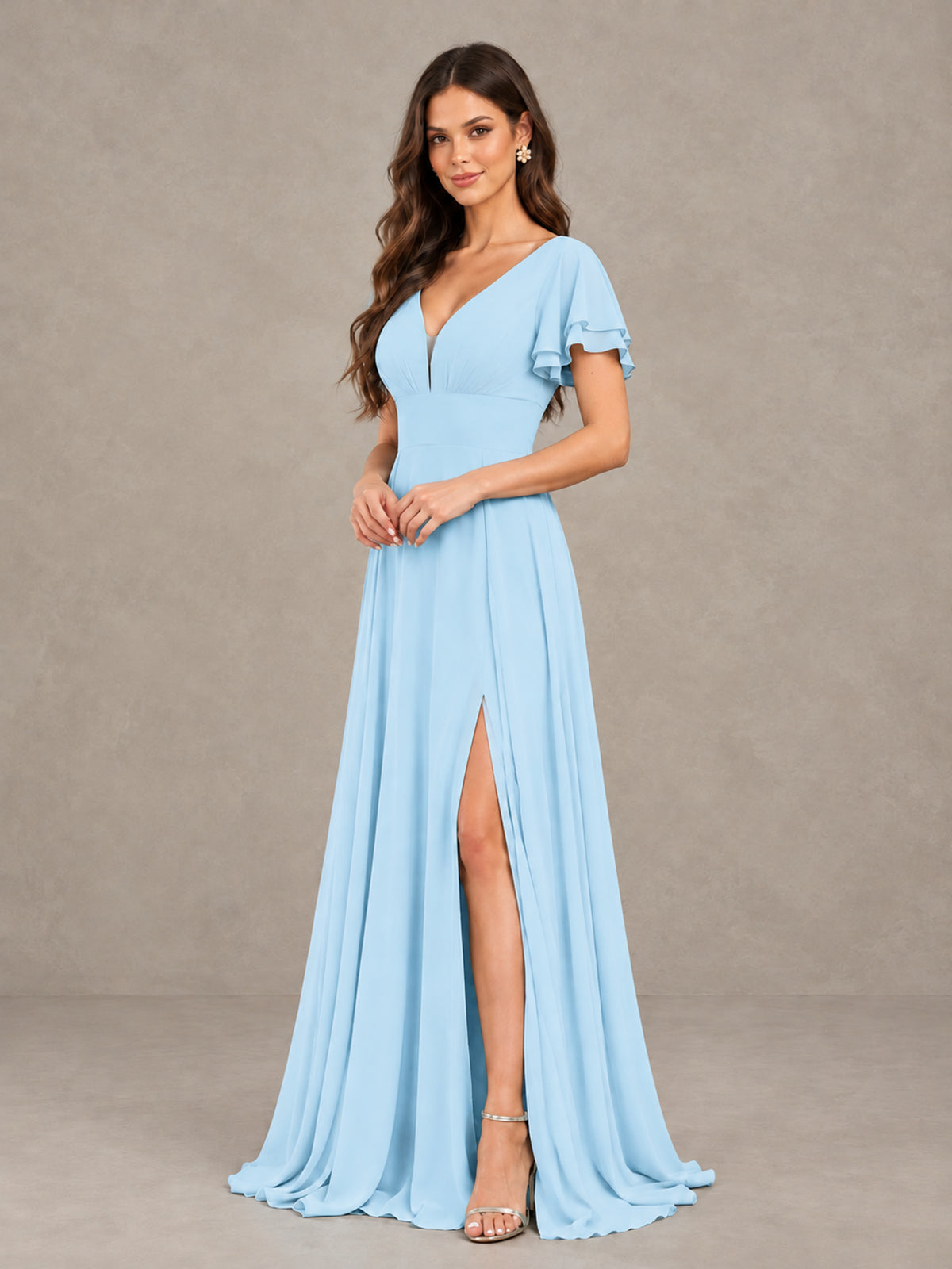 BOLODOO Light Blue Flutter Sleeve Chiffon A-Line Maxi Bridesmaid Dress with Open Back & Slit - Light Blue - Light Blue (3)