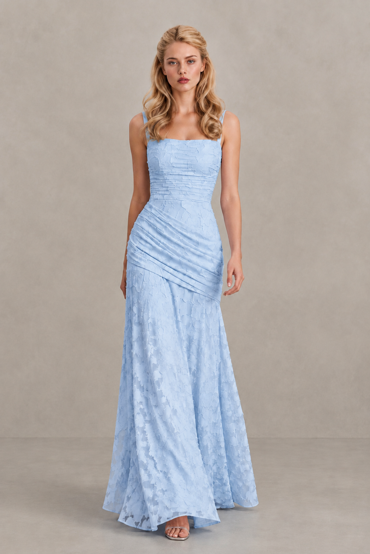 BOLODOO Light Blue Ruched Floral Maxi Dress with Lace-Up Back - Light Blue