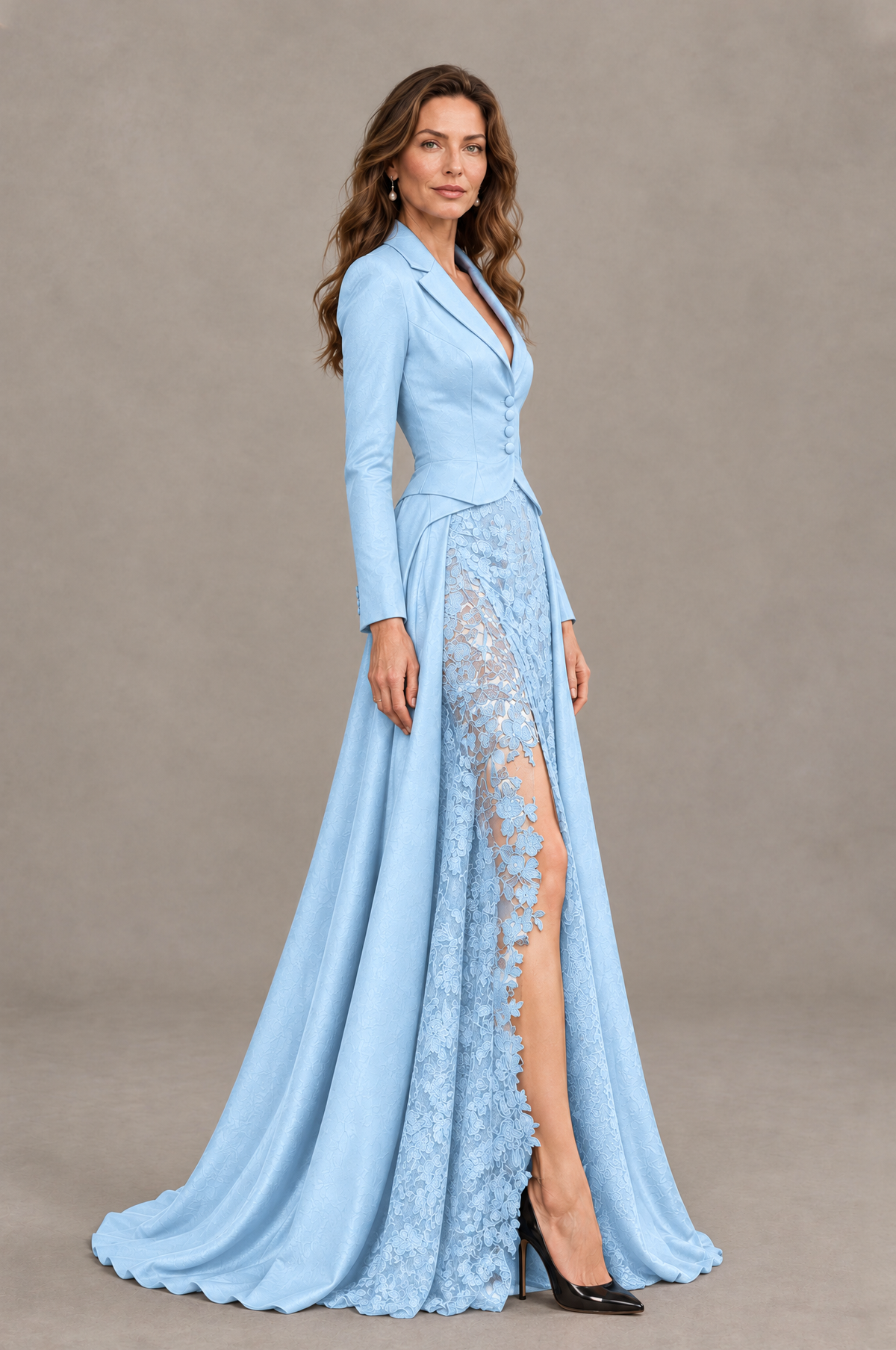 BOLODOO Light Blue Long Sleeve Lace Blazer Gown with High Slit - Light Blue - Light Blue (3)