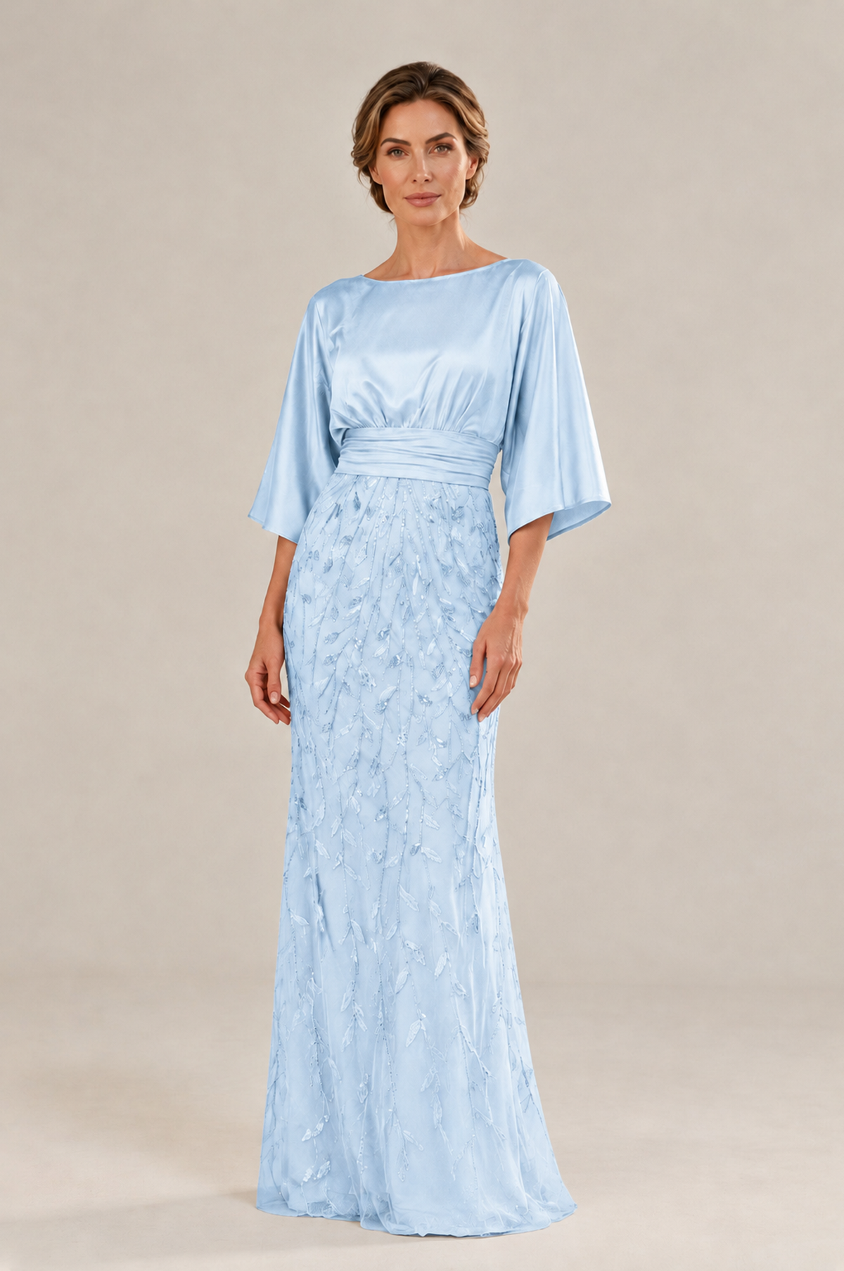 BOLODOO Light Blue Mother of the Bride Dress with Kimono Sleeves, Satin Bodice & Sequin Embroidered Mermaid Floor-Length Gown - Light Blue - Light Blue (3)