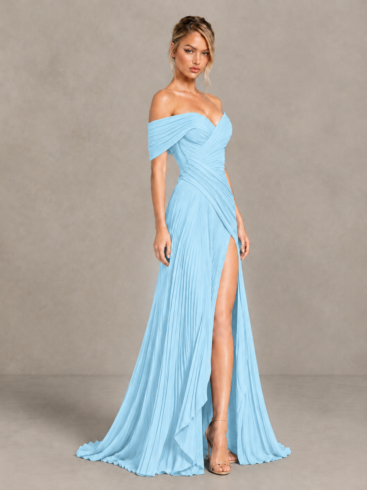 BOLODOO Light Blue Off-Shoulder Ruched Pleated Maxi Dress with High Slit - Light Blue - Light Blue (3)