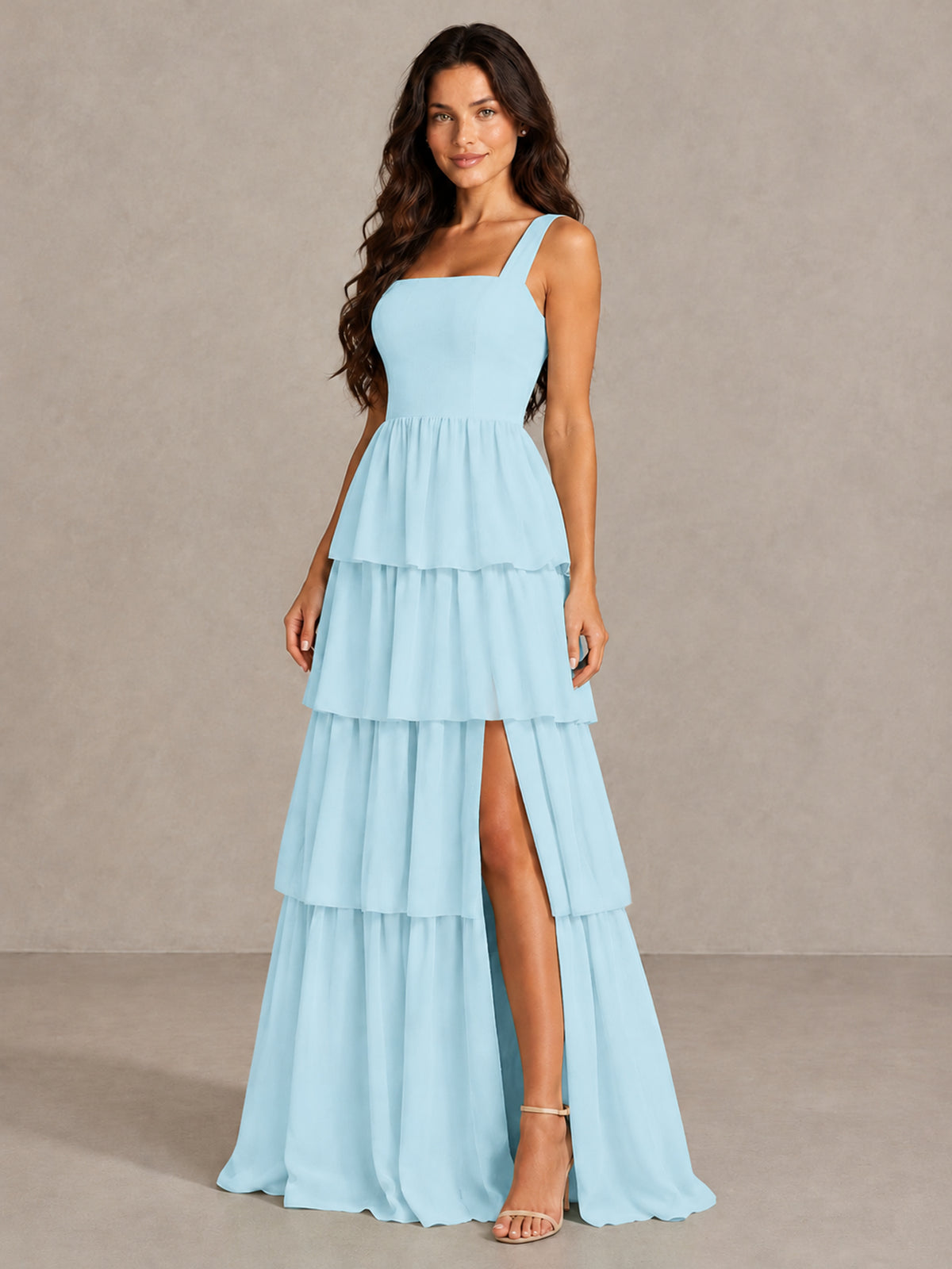 BOLODOO Light Blue Square Neck Tiered Bridesmaid Dress with Slit - Light Blue - Light Blue (3)