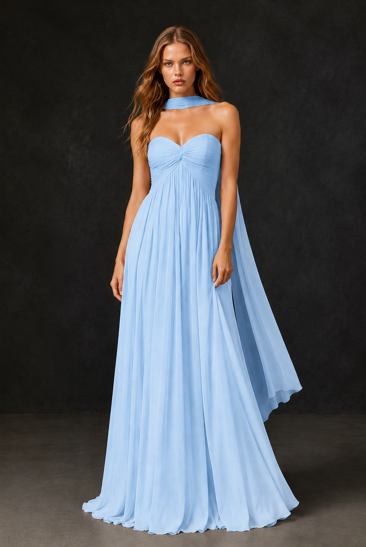 BOLODOO Light Blue Sweetheart Strapless Twist Knot Detached Halter Scarf Lace-Up Back Empire Waist Chiffon Maxi Dress - Light Blue