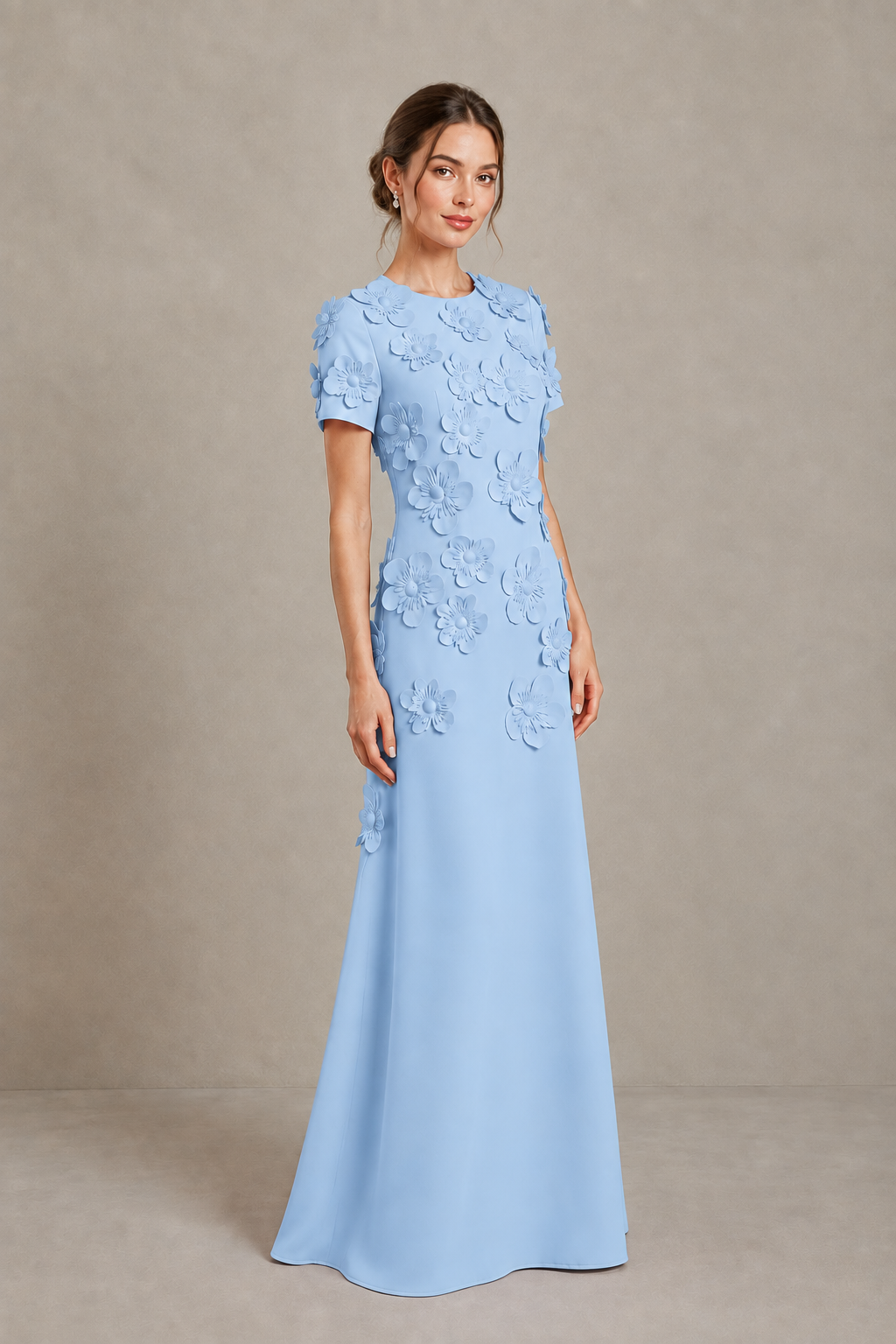 BOLODOO Light Blue Textured Floral Maxi Dress with Short Sleeves - Light Blue