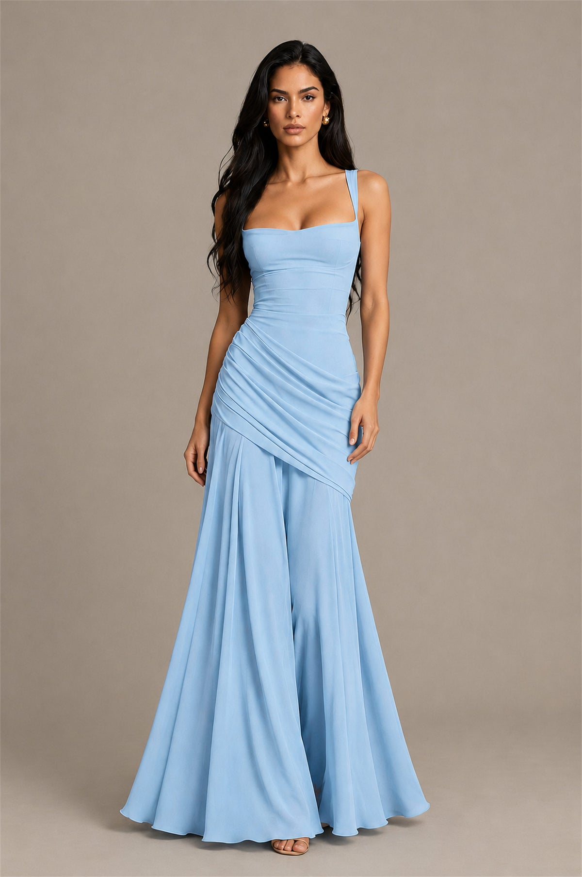 BOLODOO Square Neck Ruched A-Line Maxi Dress - Light Blue Backless Evening Gown - Light Blue
