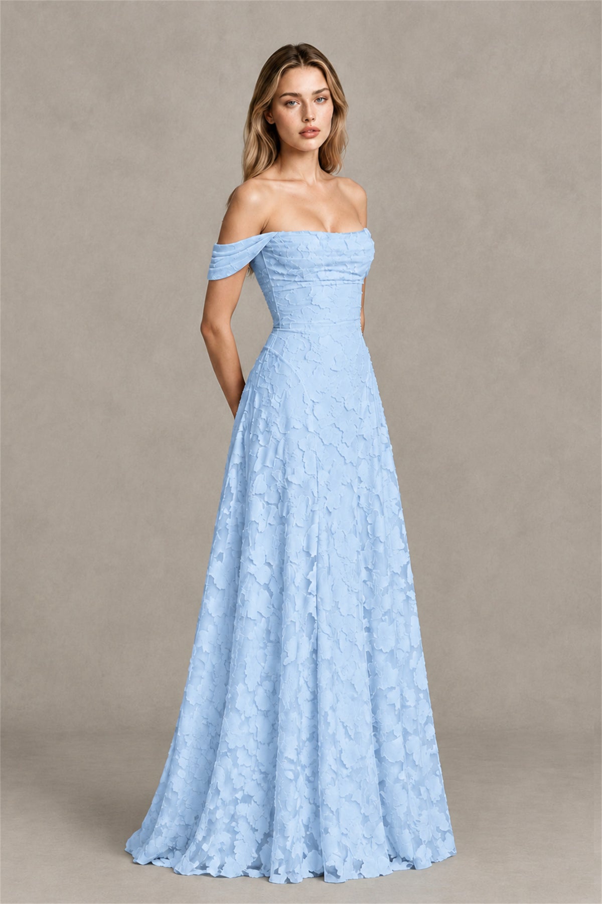 BOLODOO Light Blue Off-Shoulder Pleated A-Line Maxi Dress Floral - Light Blue