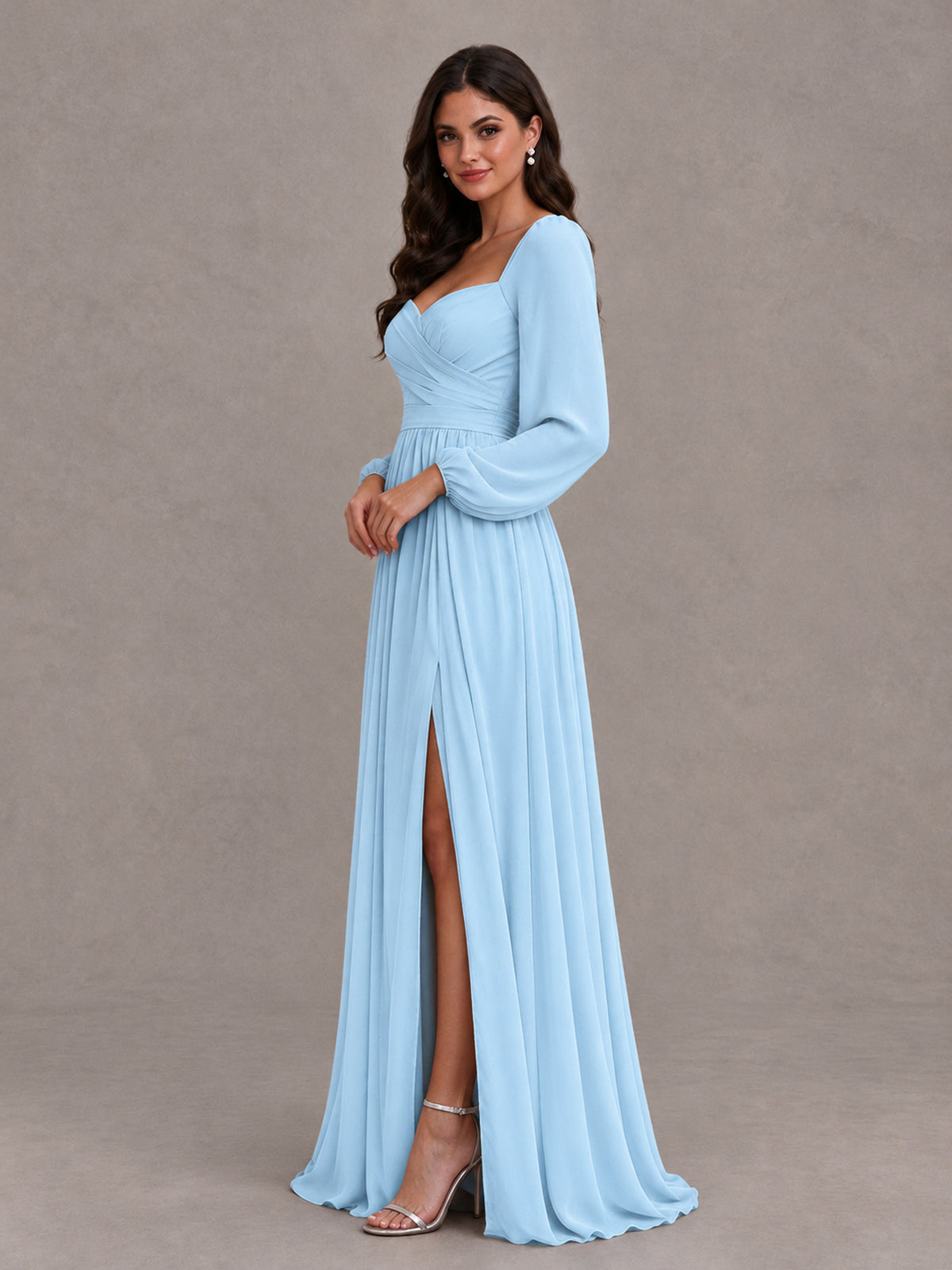 BOLODOO Light Blue Long Sleeve Chiffon Bridesmaid Dress with Slit - Light Blue - Light Blue (3)