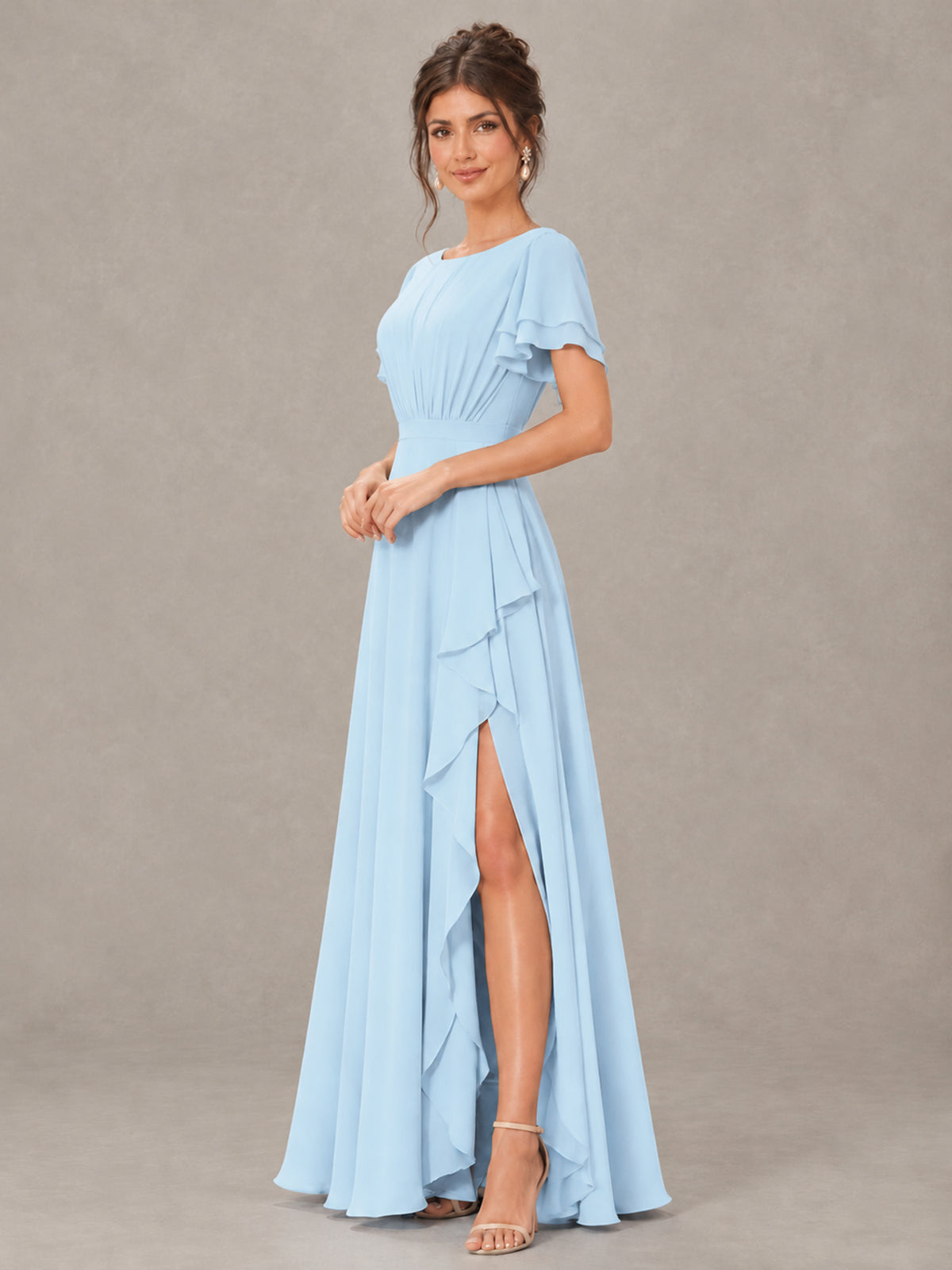 BOLODOO Light Blue Flutter Sleeve Ruffle Bridesmaid Dress with Slit - Light Blue - Light Blue (3)