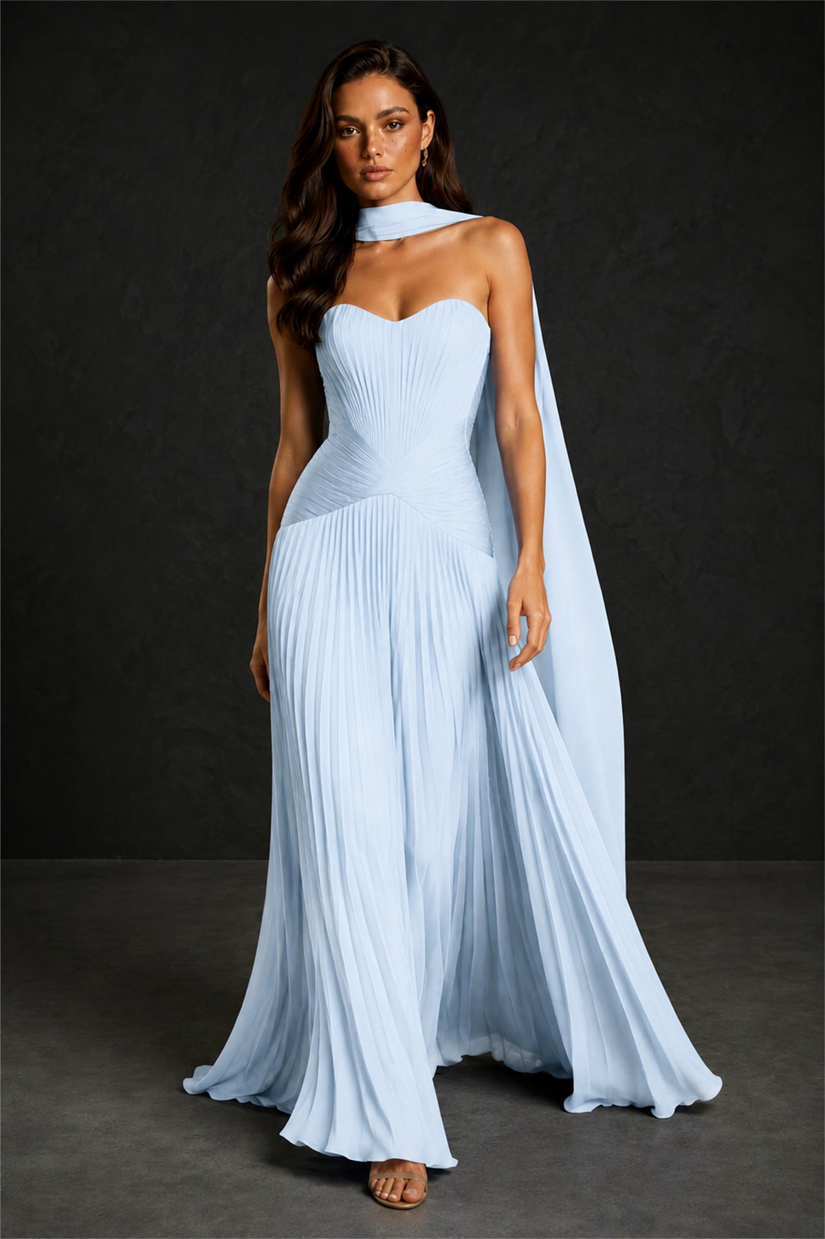 BOLODOO Light Blue Sweetheart Strapless Neck Scarf Pleated Backless A-Line Chiffon Maxi Dress - Light Blue