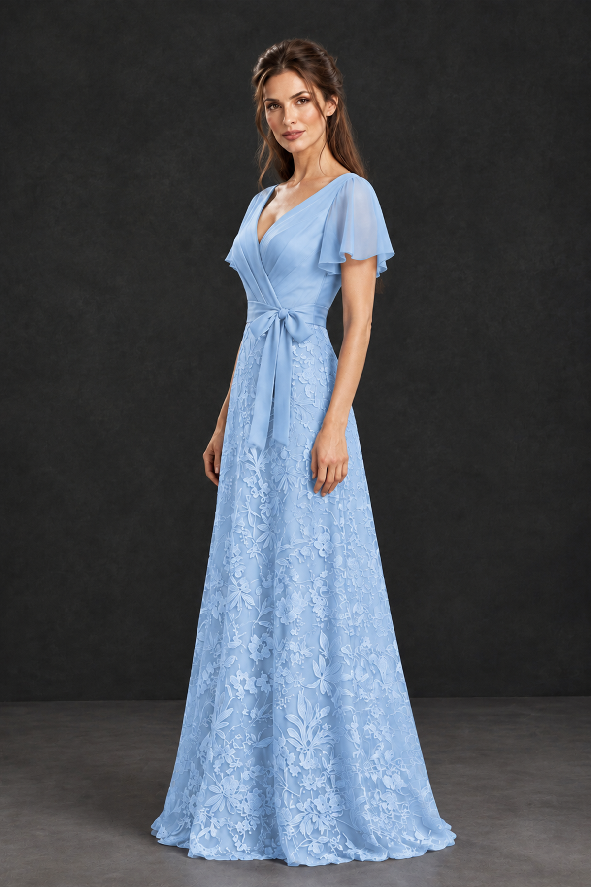 BOLODOO Light Blue Flutter Sleeve Lace Mother of the Bride Dress - Light Blue