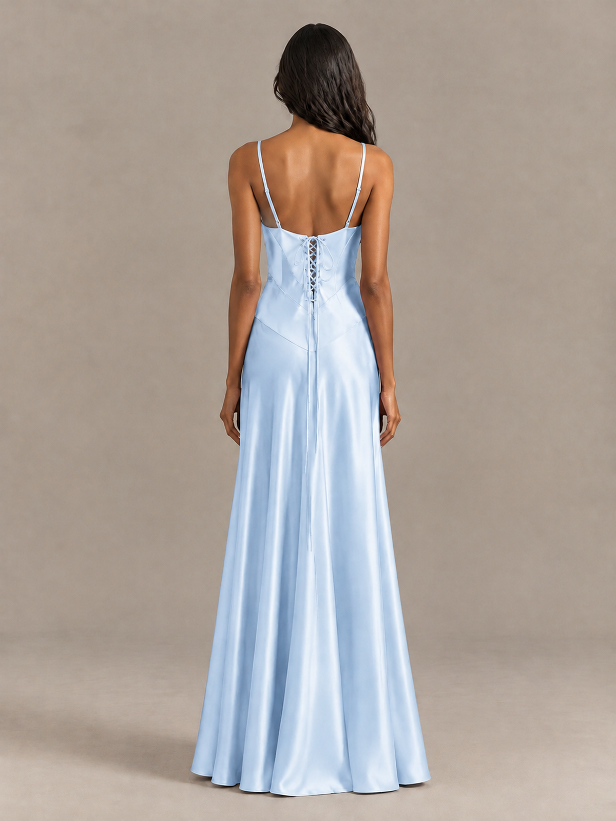 BOLODOO Light Blue Satin Lace-Up Back Maxi Dress - Light Blue