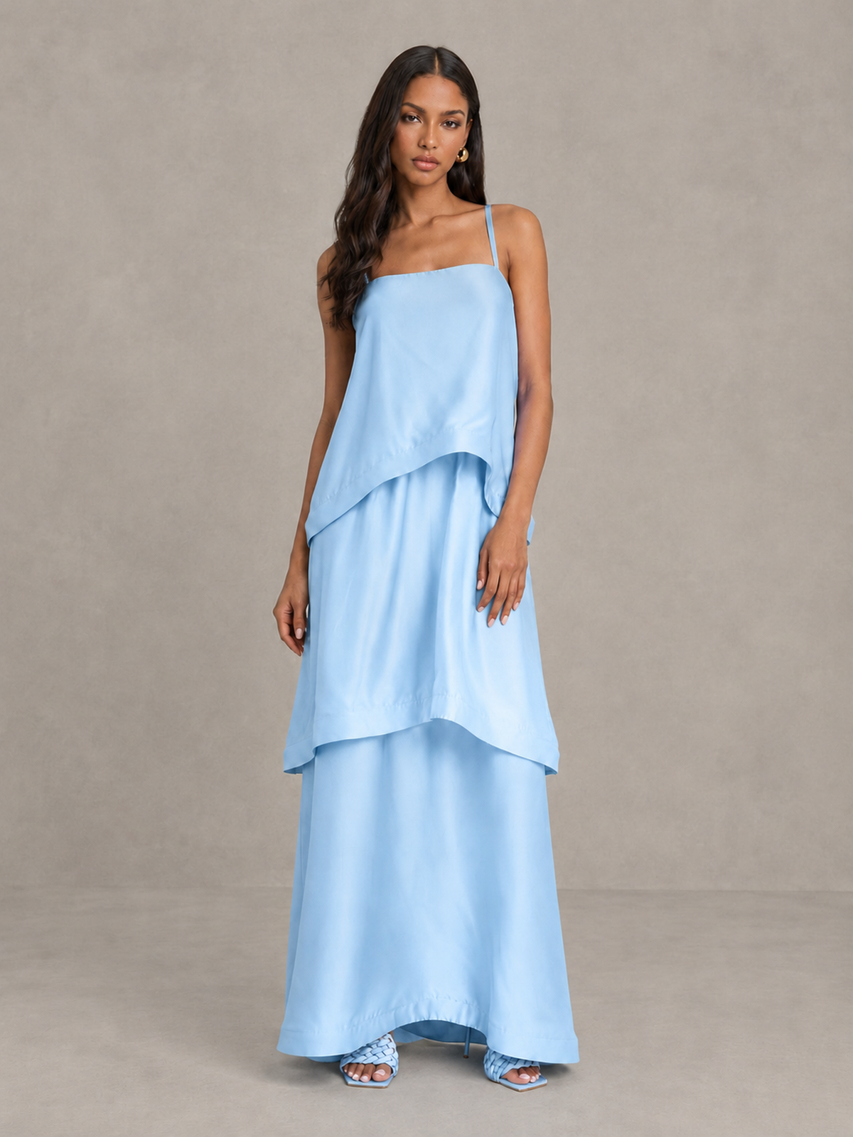 BOLODOO Light Blue Satin Tiered Maxi Dress with Spaghetti Straps - Light Blue