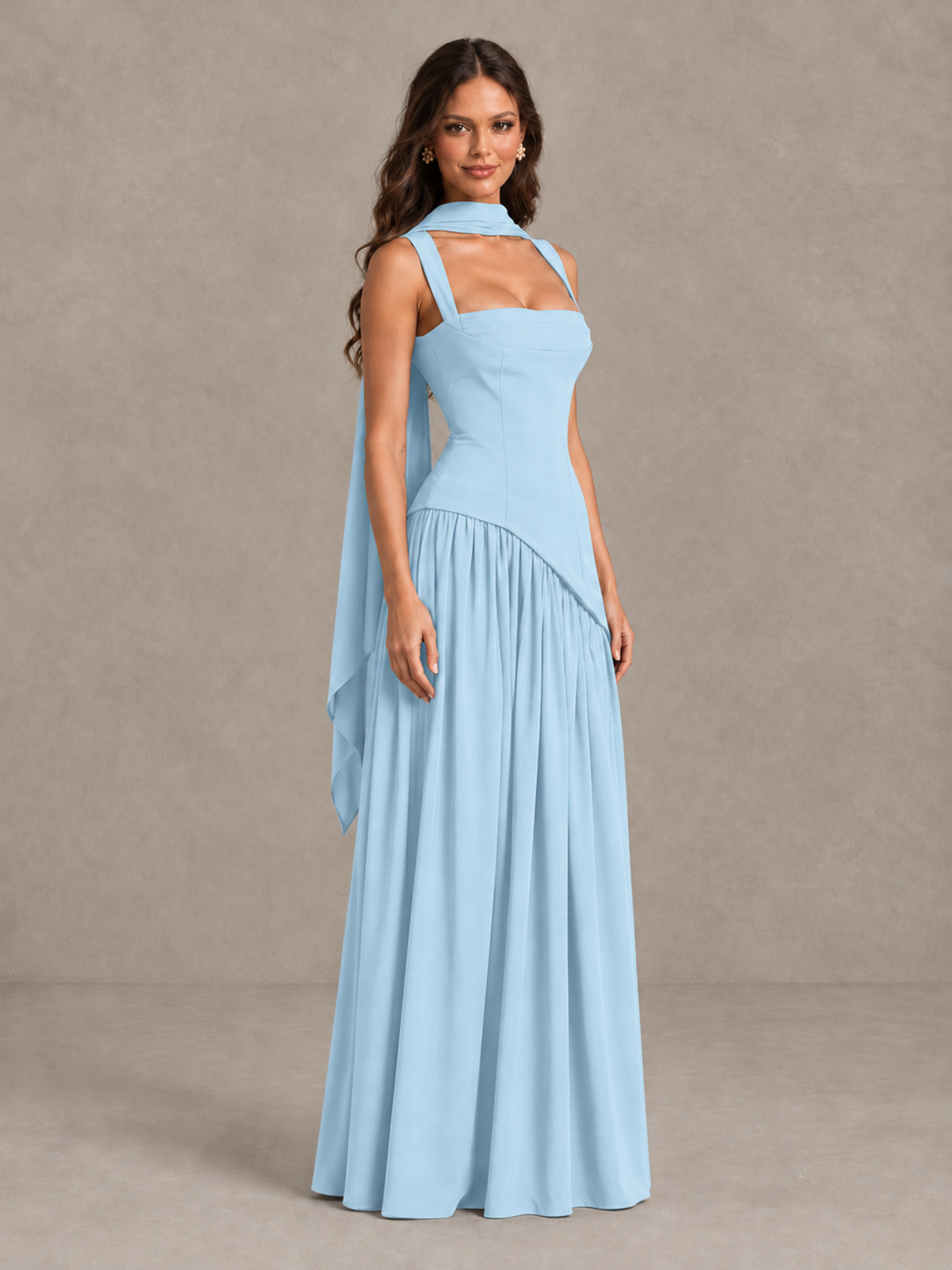 BOLODOO Light Blue Brown Scarf Bridesmaid Dress with Lace-Up Back - Light Blue - Light Blue (3)