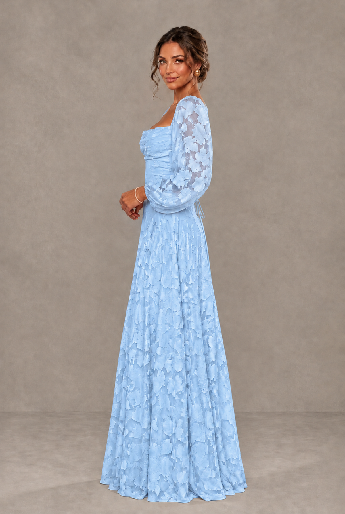 BOLODOO Floral Light Blue Long Sleeve A-Line Dress with Lace-Up Back - Light Blue