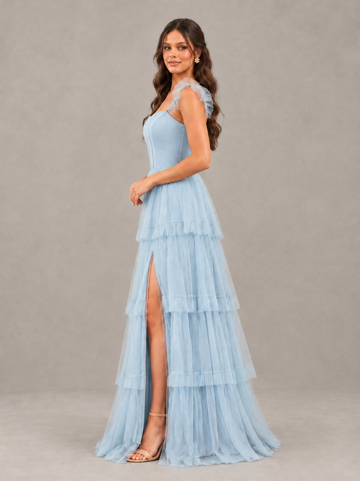 BOLODOO Light Blue Tiered Tulle Bridesmaid Dress with Slit - Light Blue - Light Blue (3)