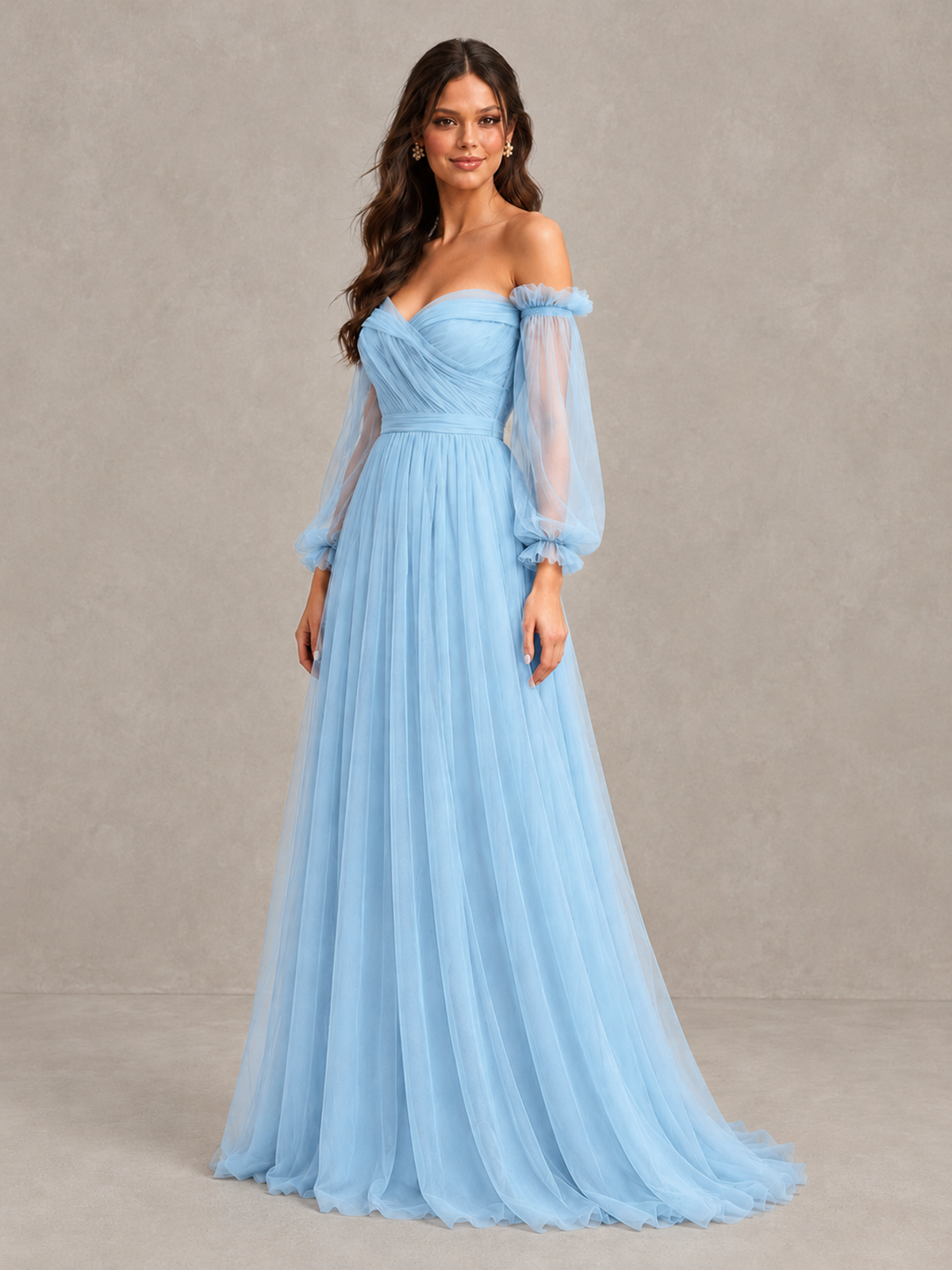 BOLODOO Light Blue Off-the-Shoulder Long Sleeve A-Line Bridesmaid Dress - Light Blue - Light Blue (3)