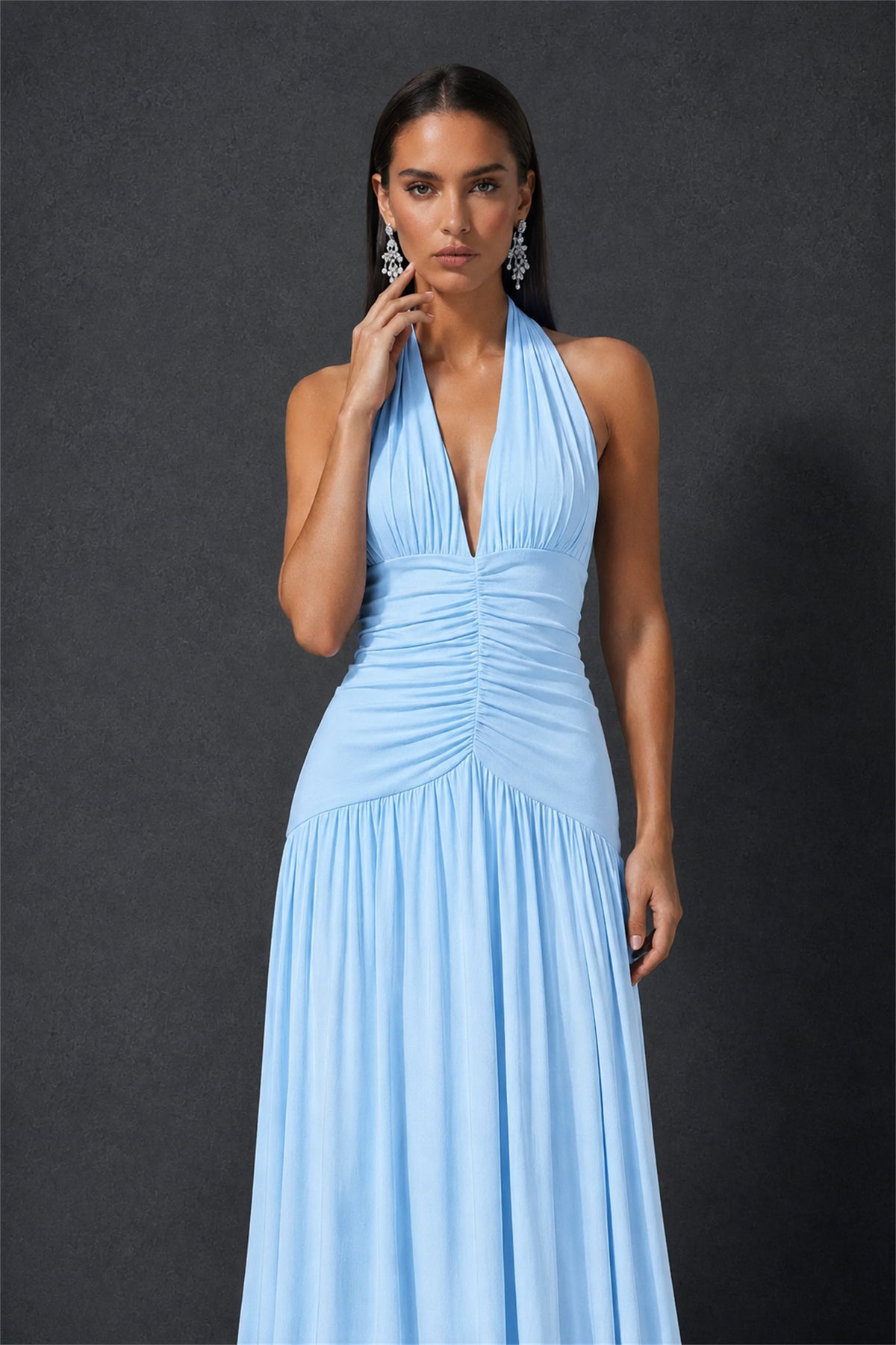 BOLODOO Light Blue Halter Deep V-Neck Ruched Chiffon Open Back Maxi Dress with Draped Neck Tie - Light Blue