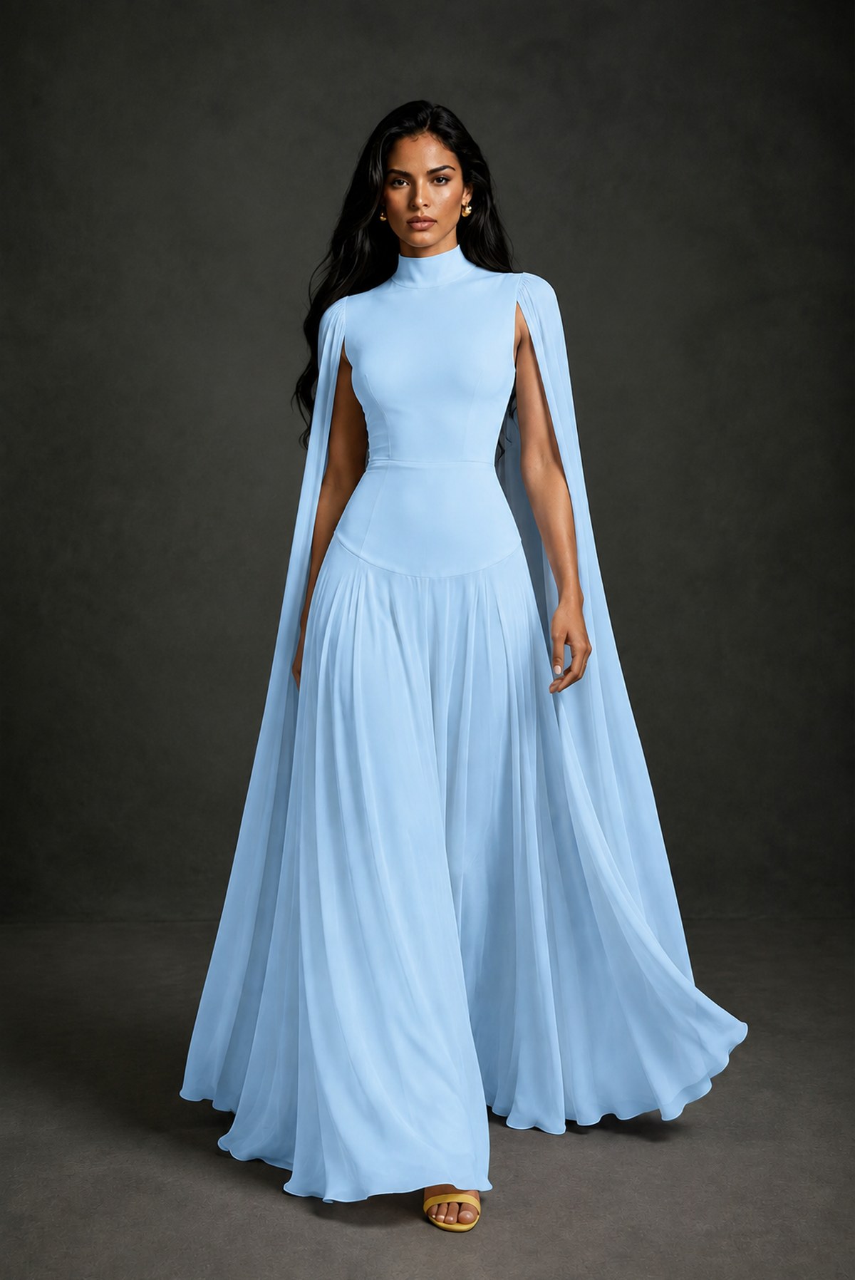 BOLODOO Light Blue Mock Neck Cape Sleeve A-Line Chiffon Maxi Dress - Light Blue