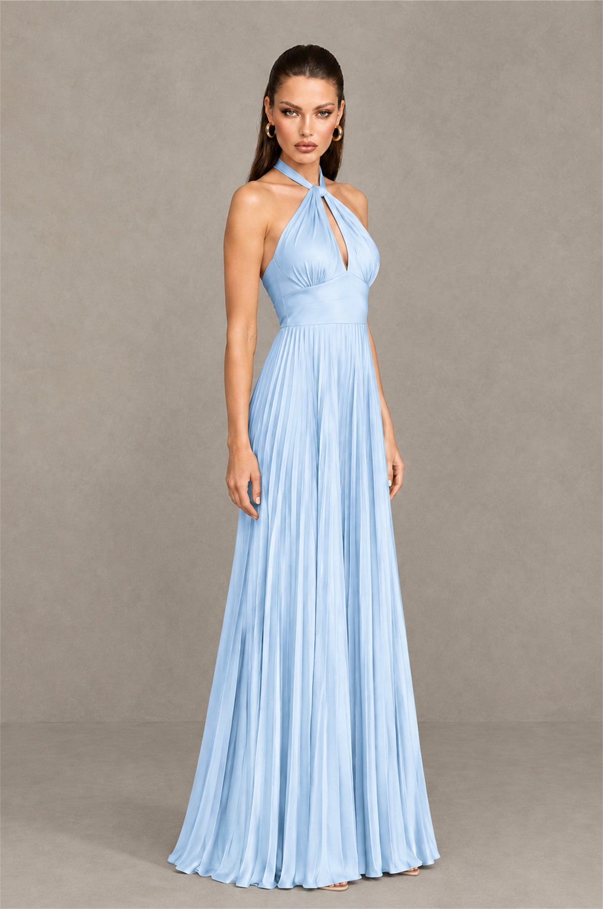 BOLODOO Light Blue Halter Pleated A-Line Evening Dress - Light Blue