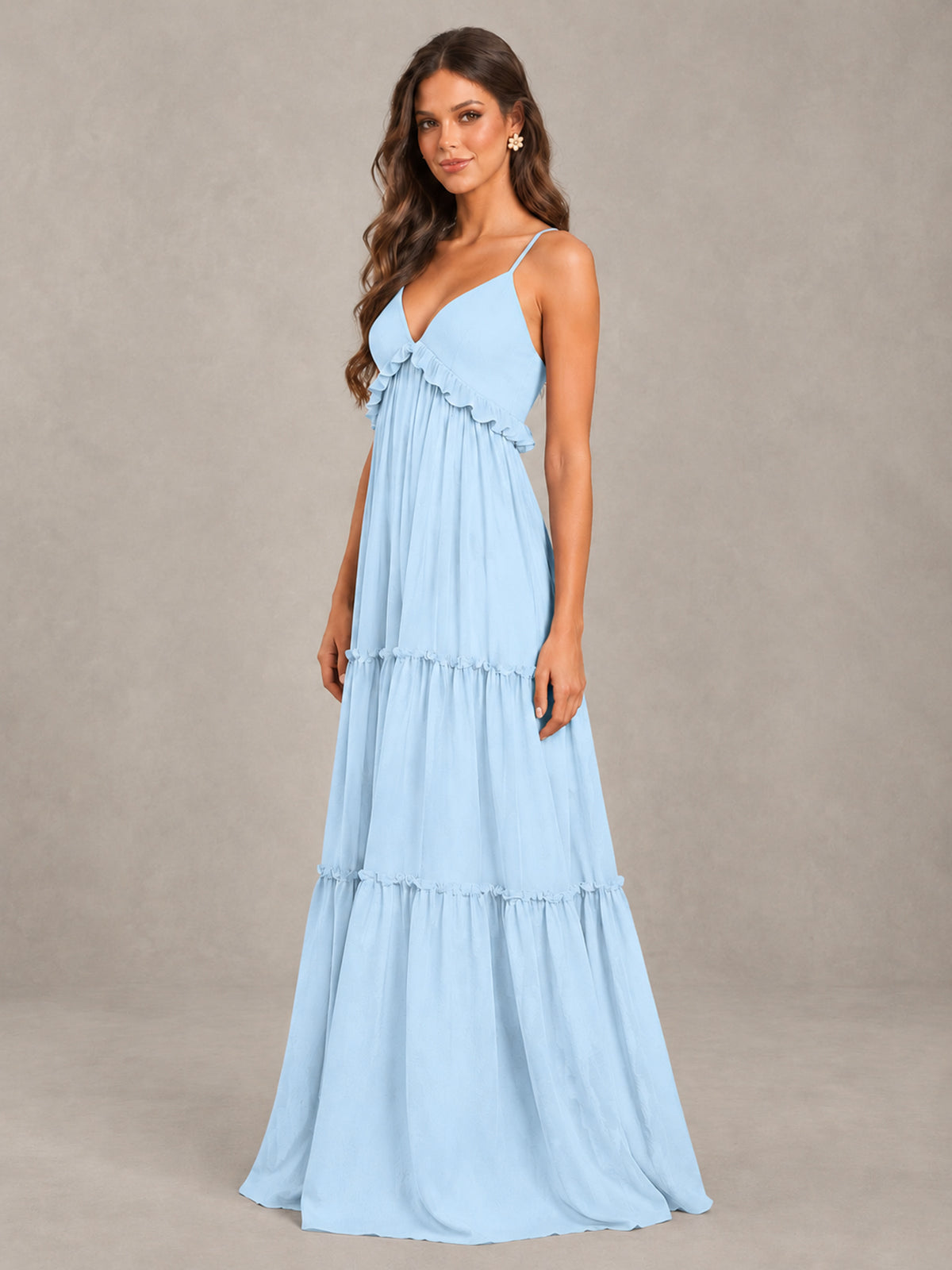 BOLODOO Light Blue Tiered V-Neck Lace-Up Back Bridesmaid Dress - Light Blue - Light Blue (3)