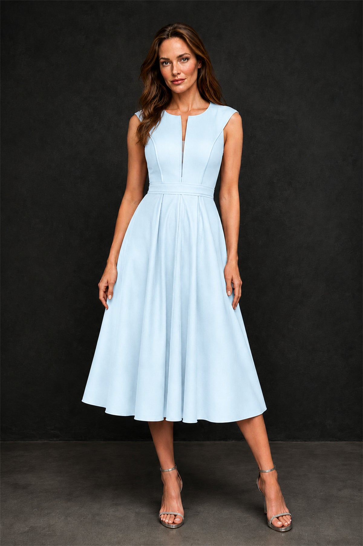 BOLODOO Light Blue 3D Rosette Appliqué 3/4 Sleeve Jacket & V-Notch Sleeveless A-Line Tea-Length Two-Piece Dress Set - Light Blue